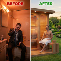 Lennon 2-4 Person Traditional Cedar Outdoor Cube Sauna with Porch, Electric Sauna Heater, Sauna Rocks, Dry Heat, Steam Sauna, LED Lights, Wi-Fi Control, Sauna Accessories — Before & After
