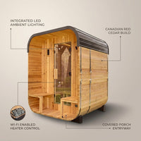 Lennon 2-4 Person Traditional Cedar Outdoor Cube Sauna with Porch, Electric Sauna Heater, Sauna Rocks, Dry Heat, Steam Sauna, LED Lights, Wi-Fi Control, Sauna Accessories — infographic