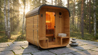Lennon 2-4 Person Traditional Cedar Outdoor Cube Sauna with Porch, Electric Sauna Heater, Sauna Rocks, Dry Heat, Steam Sauna, LED Lights, Wi-Fi Control, Sauna Accessories — Lifestyle